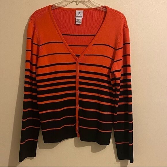 Women’s G Knitwear Button Down Long Sleeves Orange Black Striped Sweater Size L - Picture 2 of 8